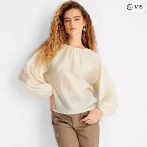 Sheer Cream Long Sleeve Blouse, Large